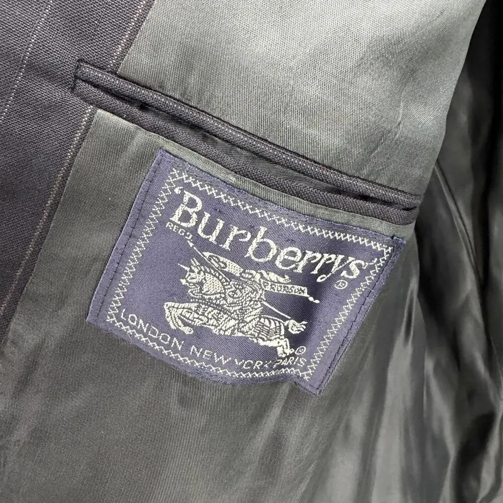 Vintage 90s Burberry Navy Blue 100% Wool Pinstripe Double Breasted Blazer